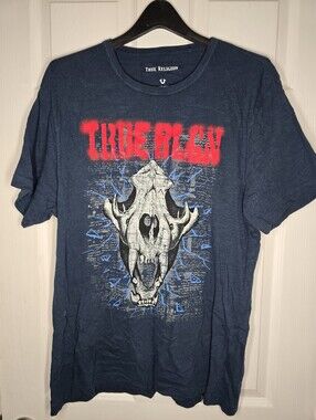 True Religion Hyena Skull Shirt-Mens XL-Navy Blue/Red/Tan/Grey-Y2K Grunge-Skater